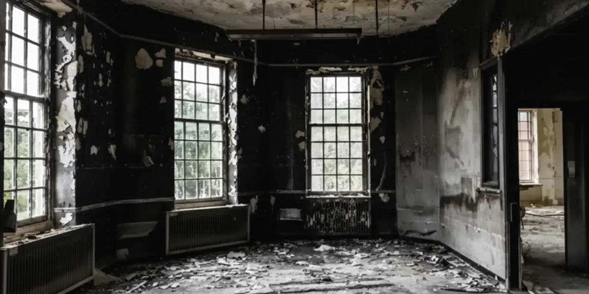 fire damage repair addressing severe interior damage and smoke residue inside a burned home in Peoria, IL
