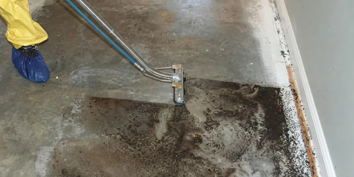 sewage removal technicians extracting contaminated wastewater from a residential floor in Peoria, IL